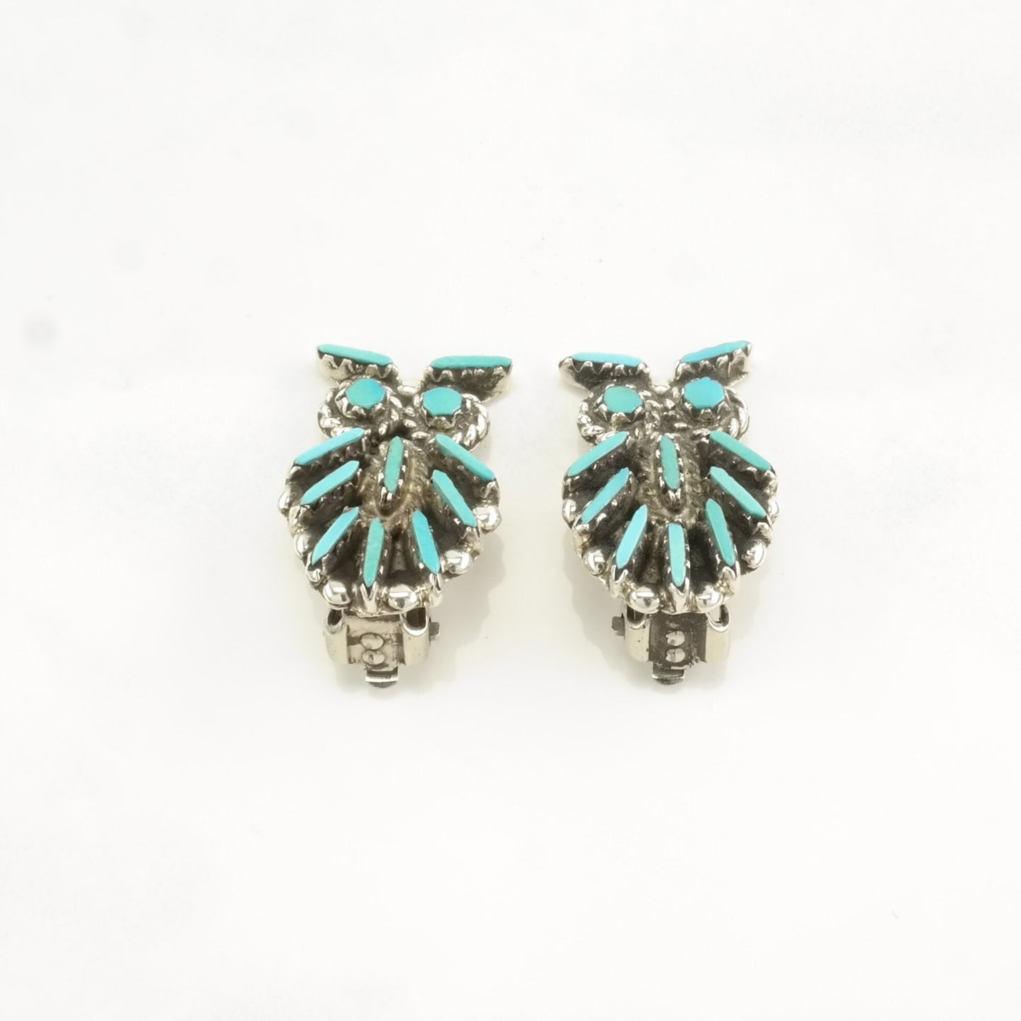 Vintage Sterling Silver Clip on Earrings Native American Blue Needle point Turquoise Owl