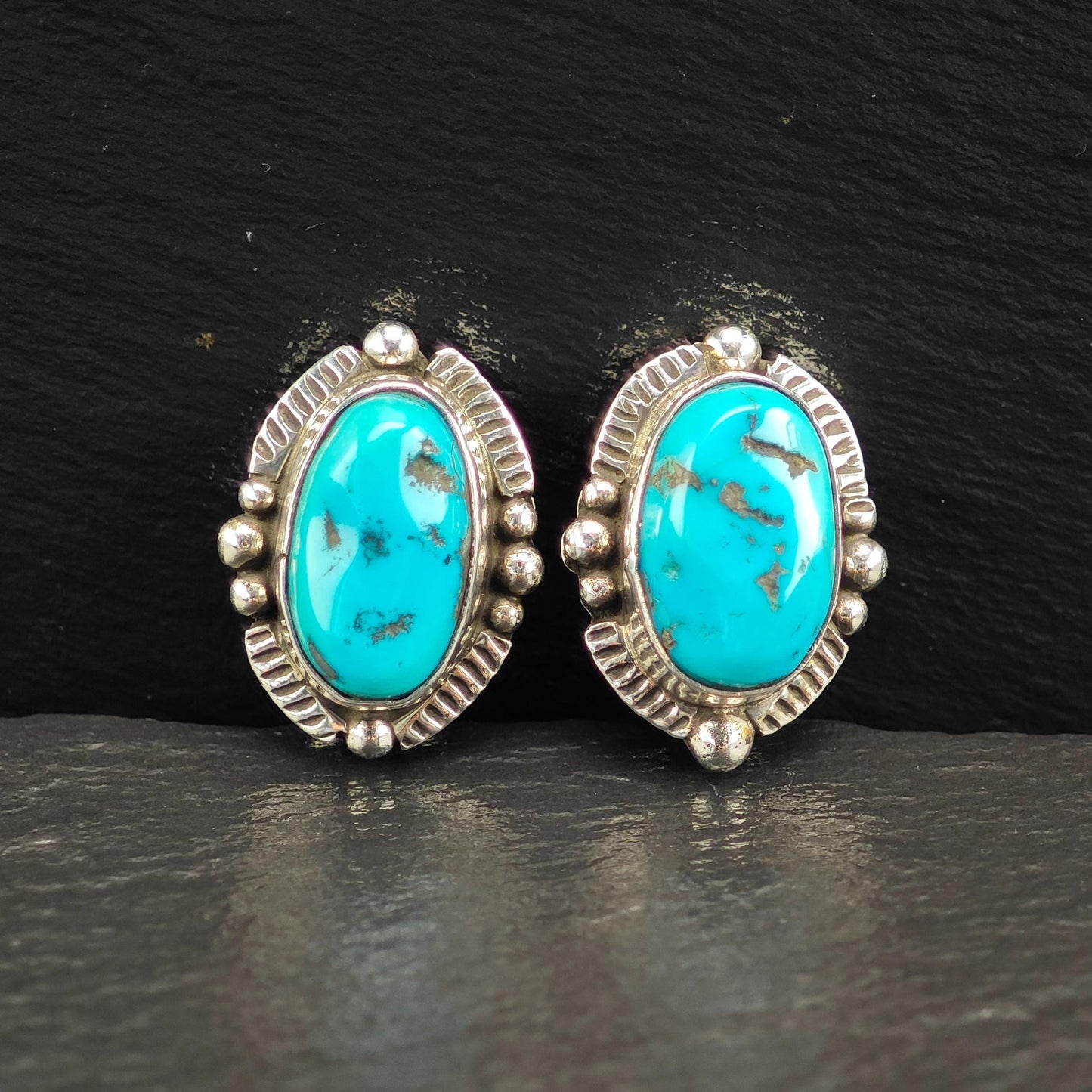 Native American Blue Turquoise Clip-On Earrings Sterling Silver Oval Design