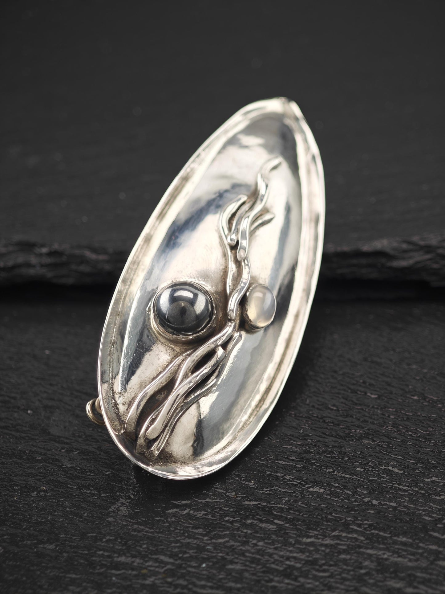 Margaret Ellis Hallow Hematite, Moonstone Brooch/Pendant Sterling Silver