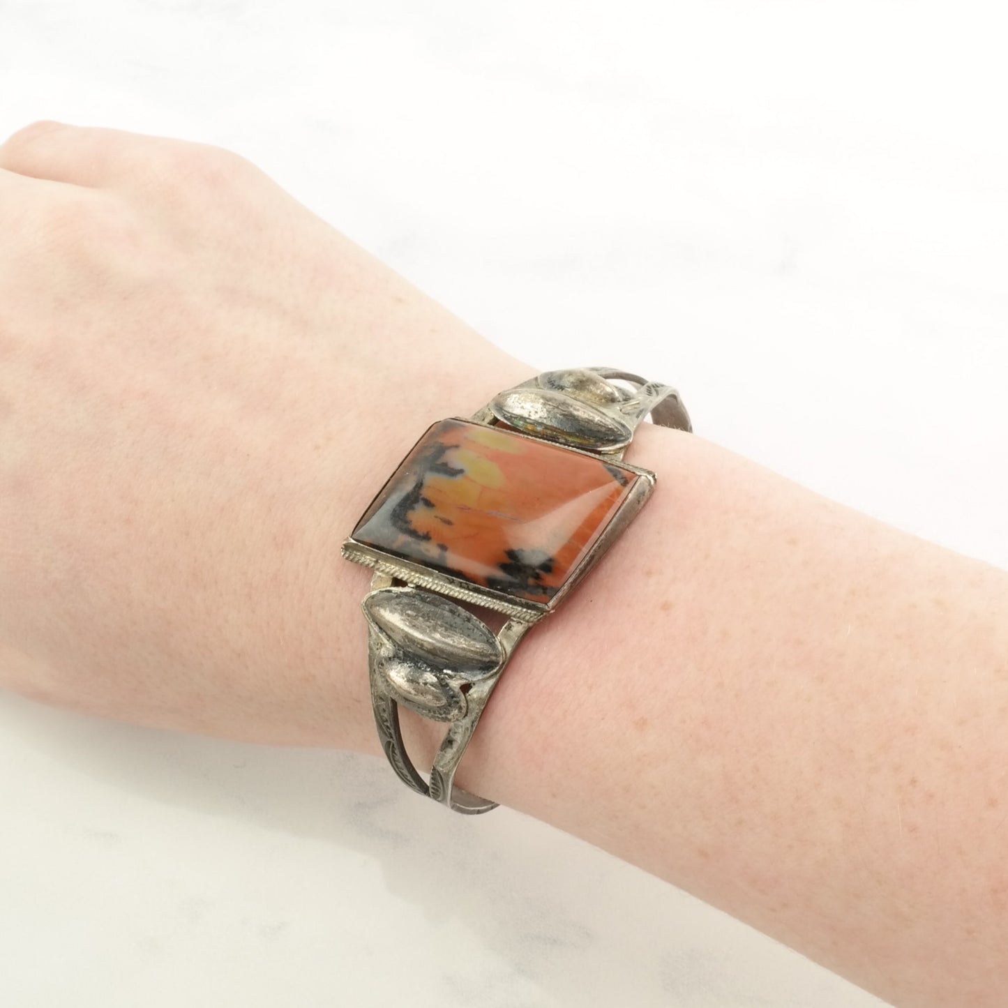 Fred Harvey Era Sterling Silver Cuff Bracelet Orange Petrified Wood