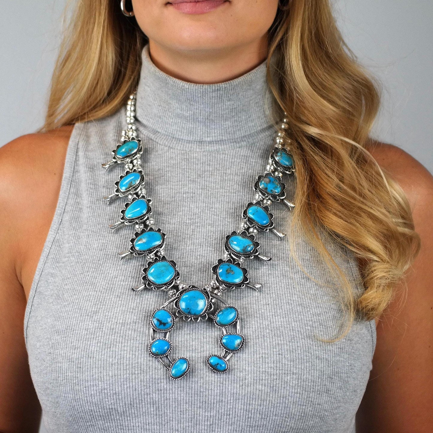 Southwest Turquoise Floral, Squash Blossom Necklace Sterling Silver