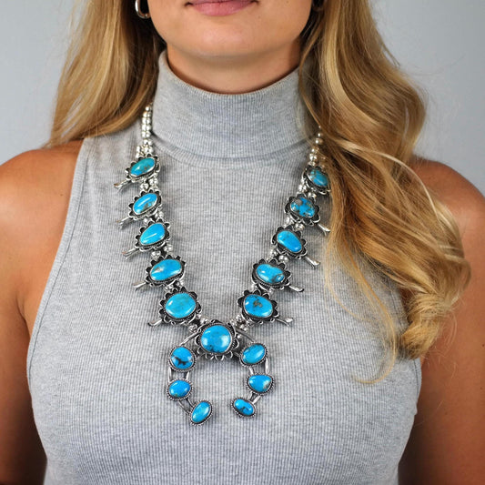 Southwest Turquoise Floral, Squash Blossom Necklace Sterling Silver