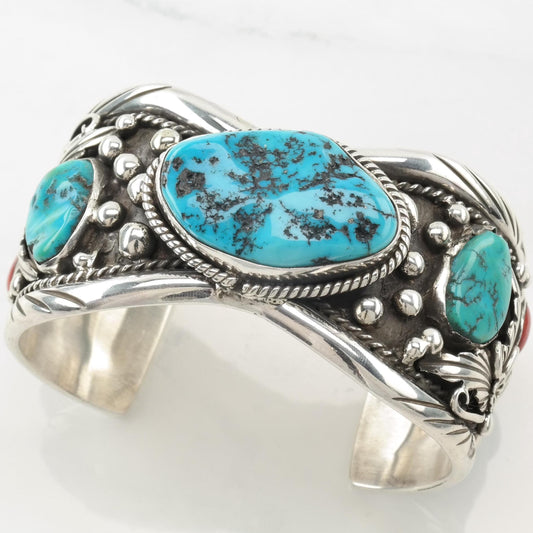 Native American Cuff Bracelet Sterling Silver Turquoise Coral Platero Navajo