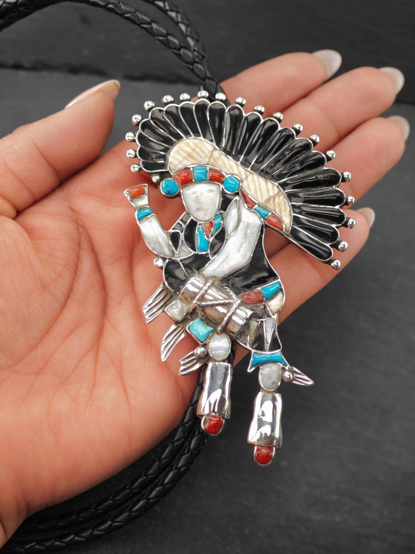 Sw Sterling Silver Inlay Drum Dancer, Kachina Bolo Tie Necklace N2429