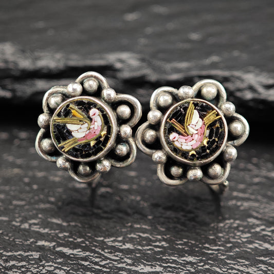 Italy Micro Mosaic Bird Screw Back Earrings Sterling Silver