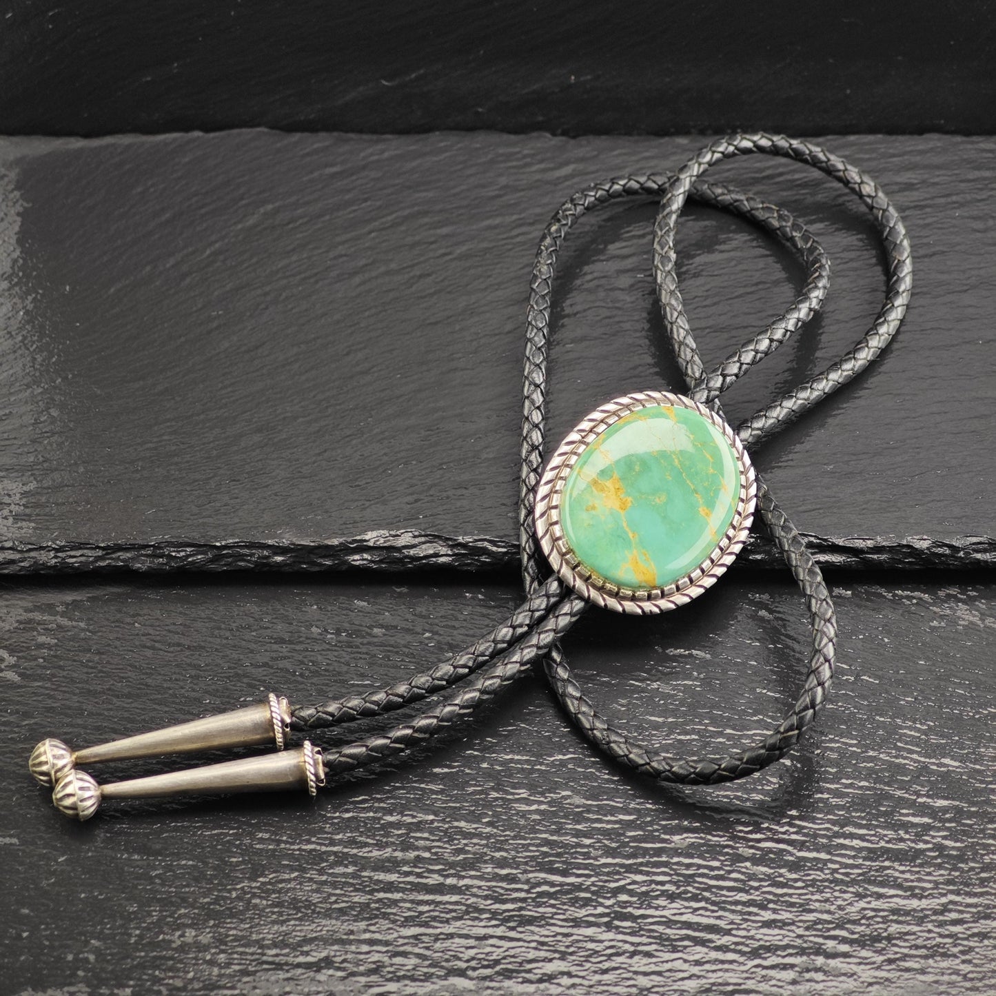Vintage Native American Sterling Silver Green Turquoise Bolo Tie Necklace N2749