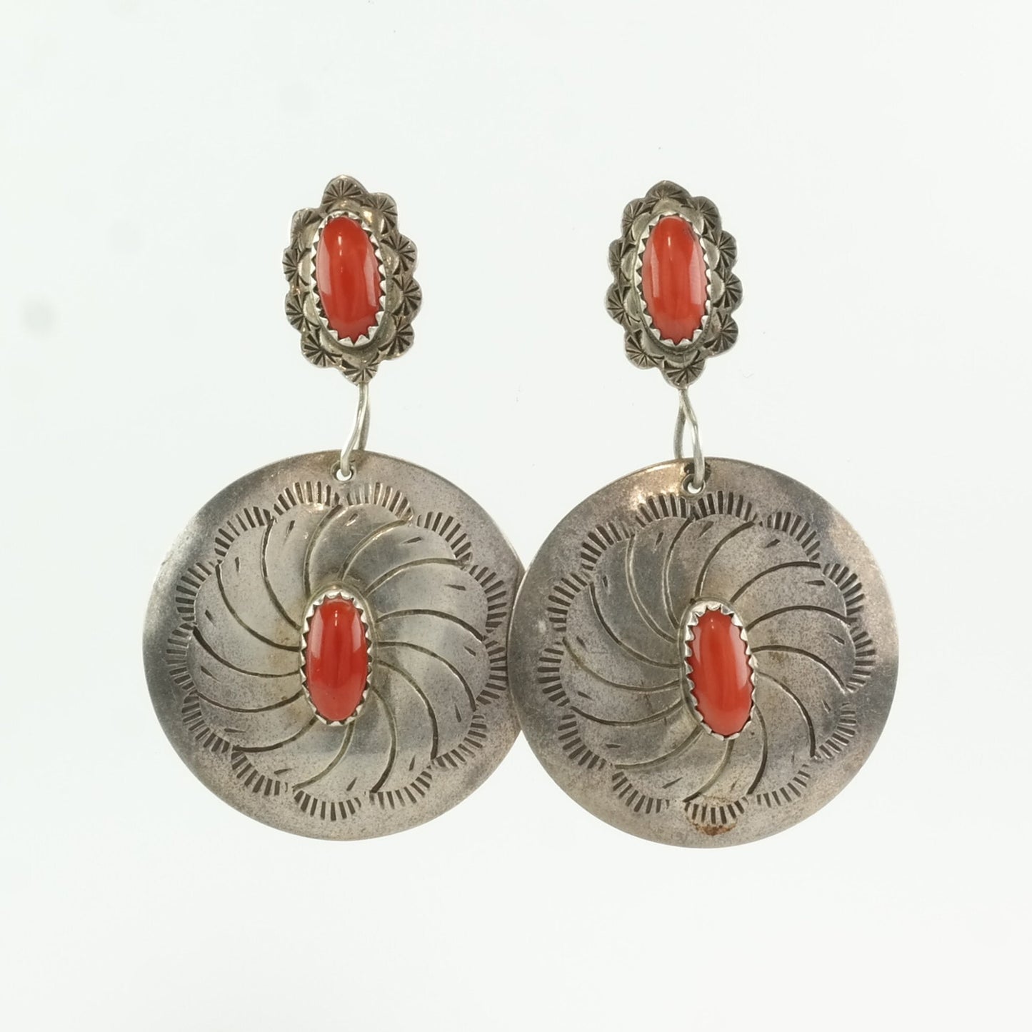 Native American Sterling Silver Red Coral Stamped, Shield Earrings Stud, Dangle