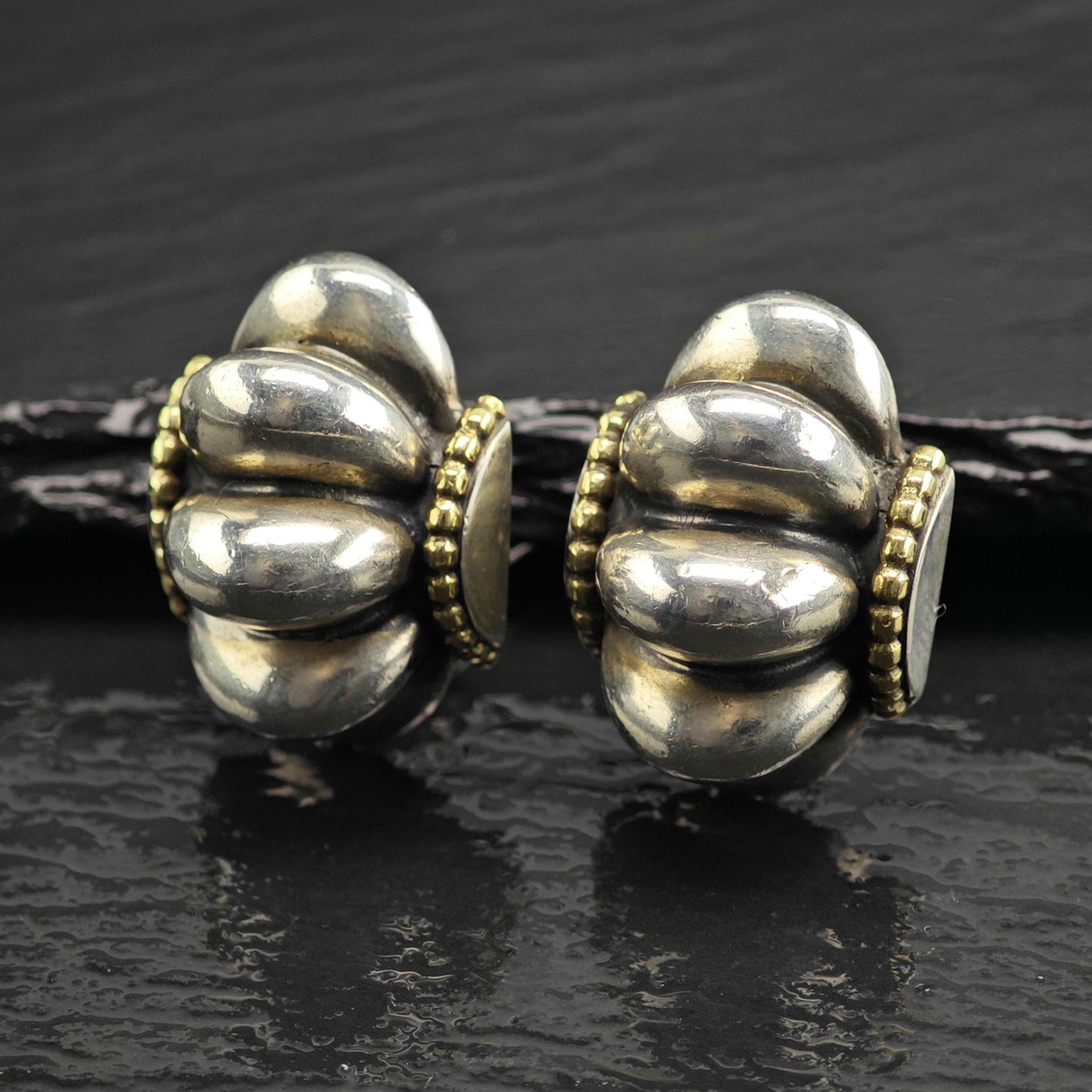 18K Gold Accent Scalloped Stud/Omega Back Sterling Silver Earrings ER3124