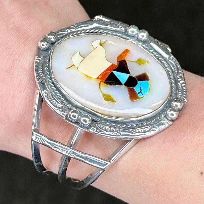 Sterling Silver Cuff Bracelet, Kachina Inlay, Mother of Pearl, Turquoise, Coral, Onyx,  BR2134