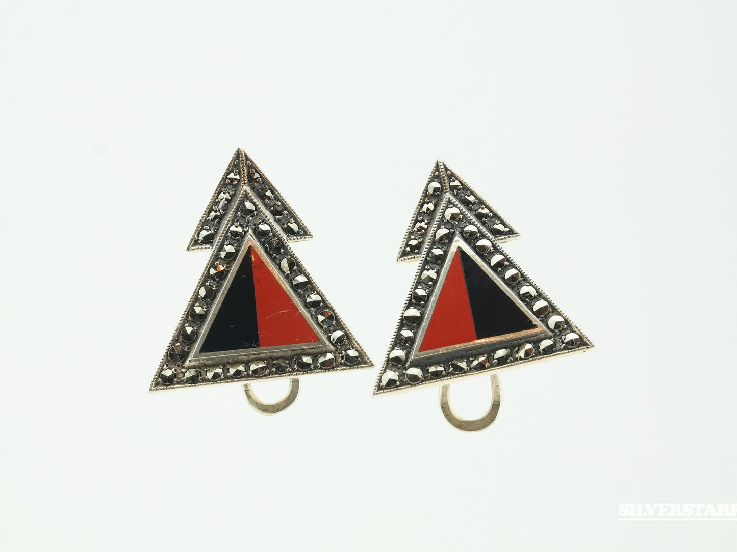 Geometric Sterling Silver Red Black Enamel, Marcasite Earrings