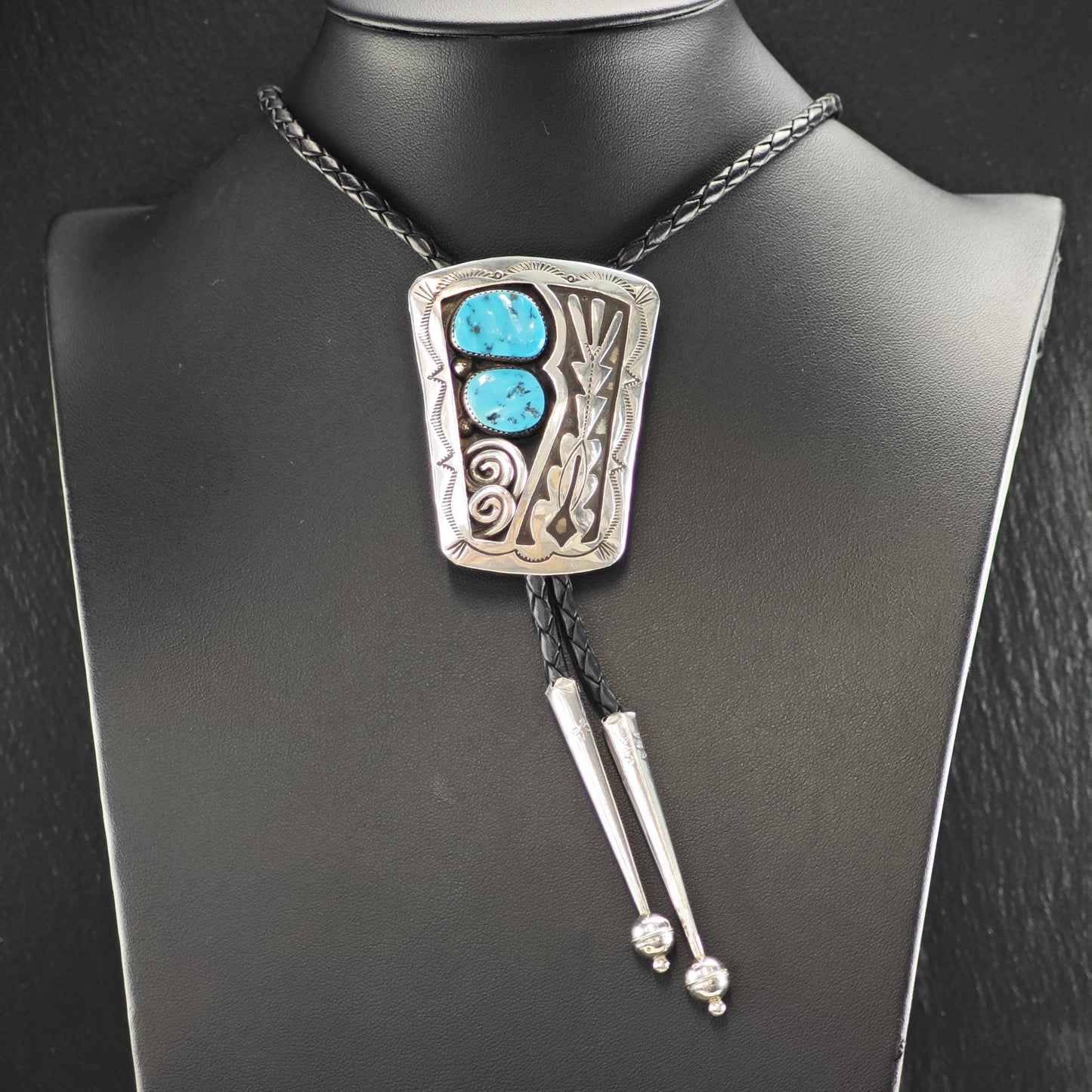Vintage Native American Sterling Silver Sleeping Beauty Turquoise Shadow Box Bolo Tie Necklace N2747