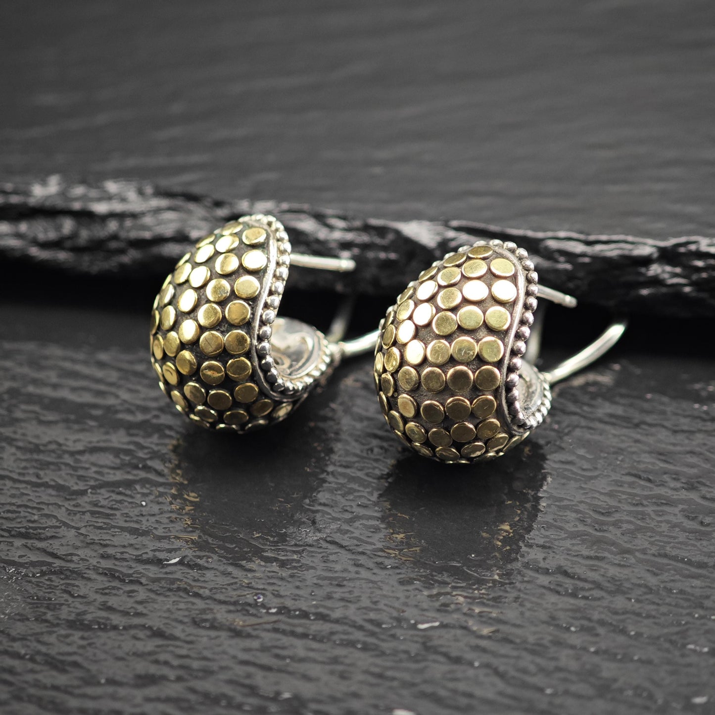 Vintage John Hardy 18K Gold Accent Scallop Omega Back Sterling Silver Earrings ER3194