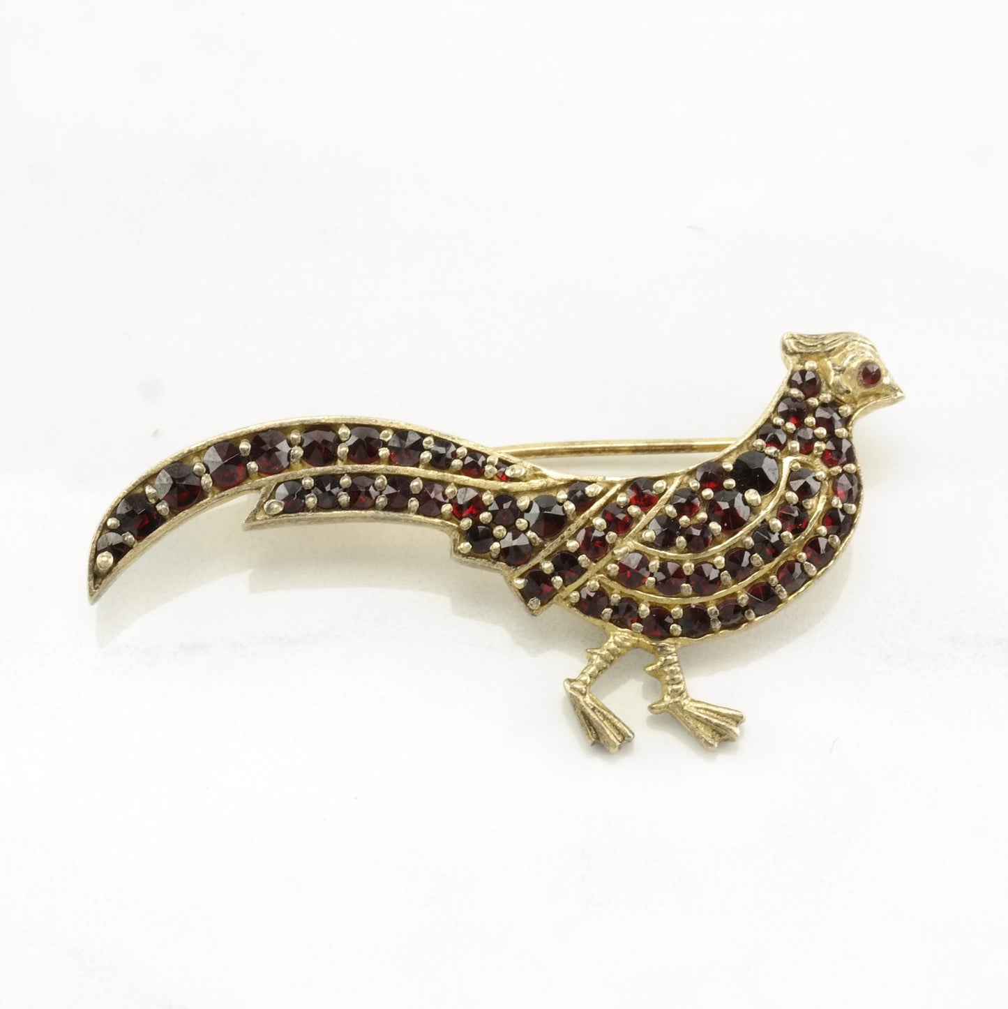 European Sterling Silver Brooch Quail, Pheasant Red Bohemian Garnet