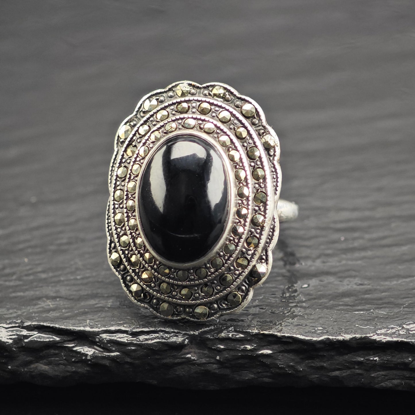 Large Art Deco Onyx Cabochon Sterling Silver Ring Sz 6 3/4 R6707Dor