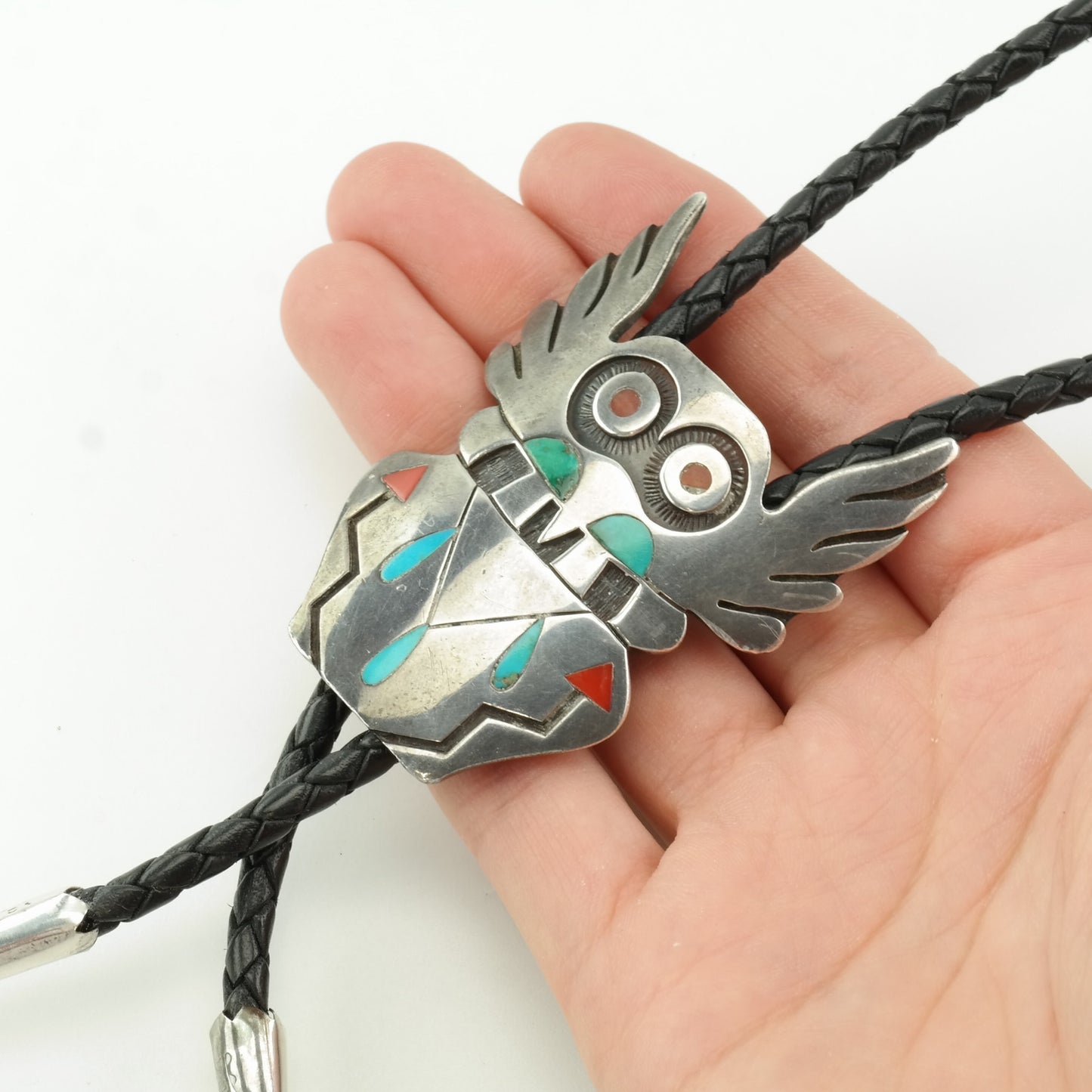 Hopi Sterling Silver Turquoise, Coral Bird Figure, Inlay Bolo Tie Necklace