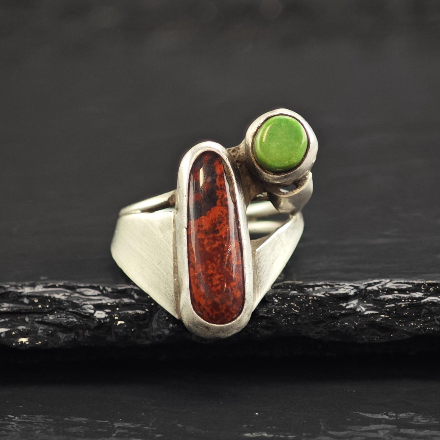 Modernist Brown Gemstone & Turquoise Sterling Silver Ring Sz 5 1/2 R6605
