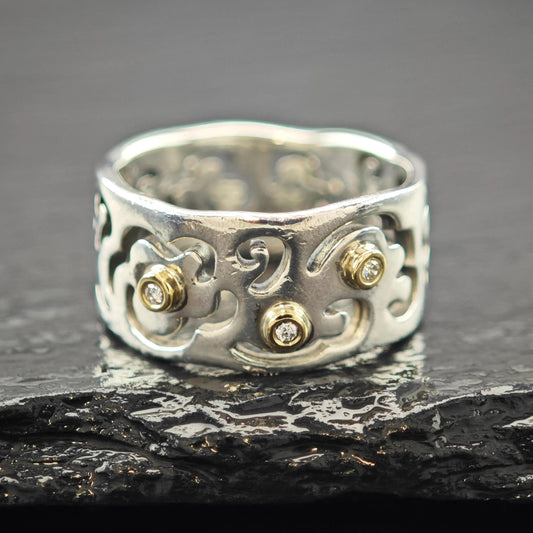 Vintage Pandora Life's Path 14K Gold Accent Diamond Band Sterling Silver Sz 7