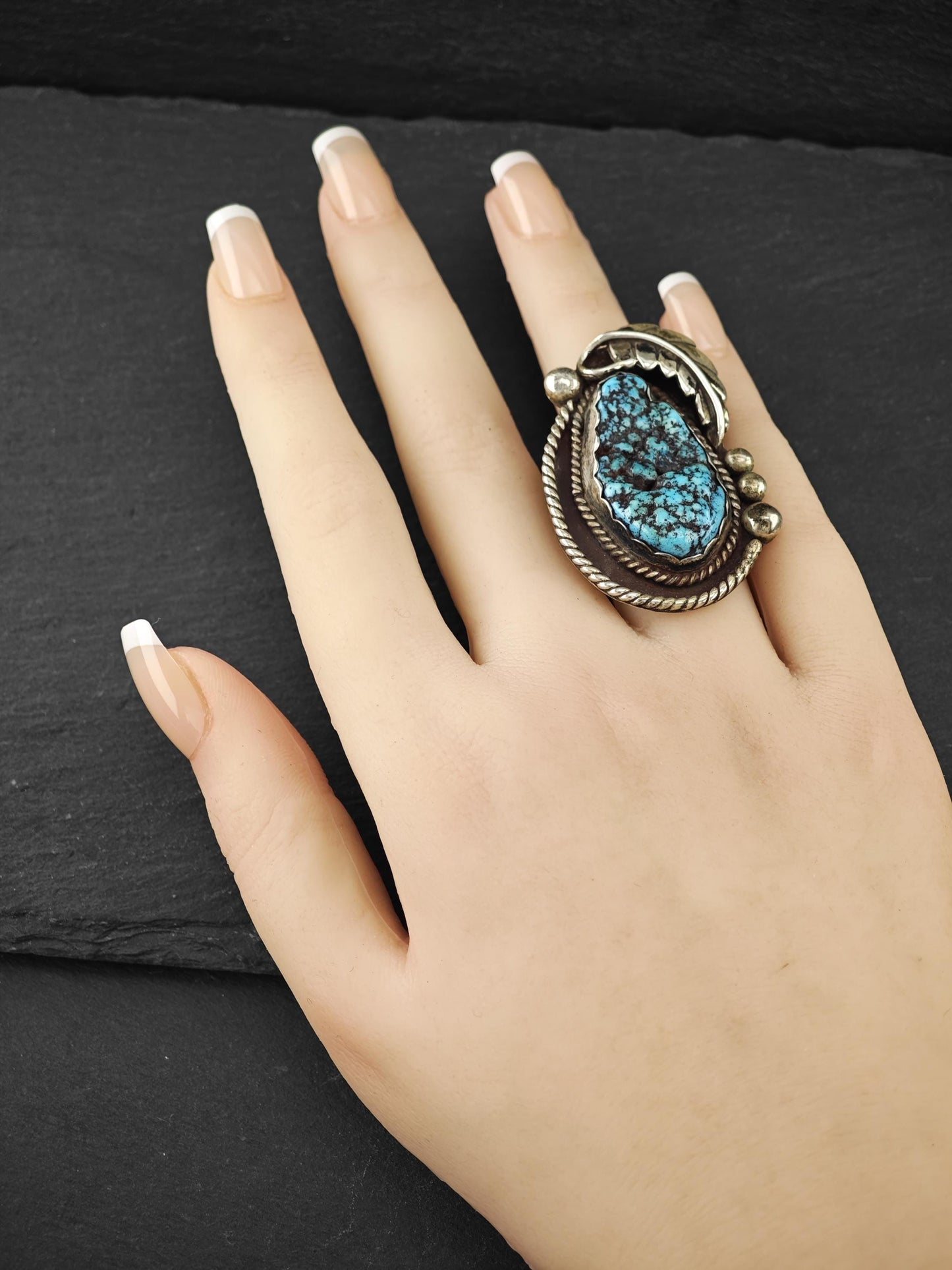 Large Native American Turquoise Ring Sterling Silver by Al Charly