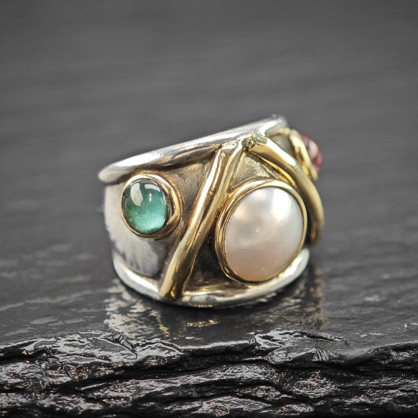 Pearl, Tourmaline Gold Accent Ring Sterling Silver Sz 6