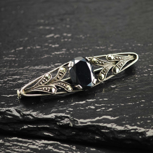 Art Deco Onyx Sterling Silver Brooch B2285