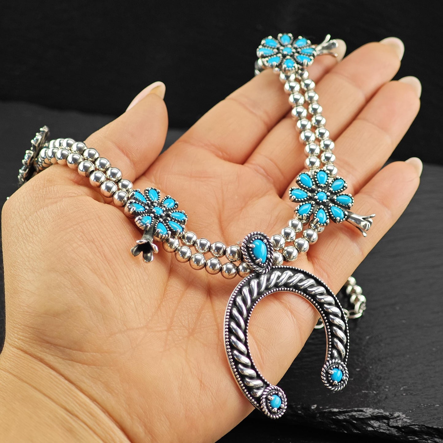 Carolyn Pollack Sterling Silver Squash Blossom Necklace with Removable Blue Turquoise Pendant
