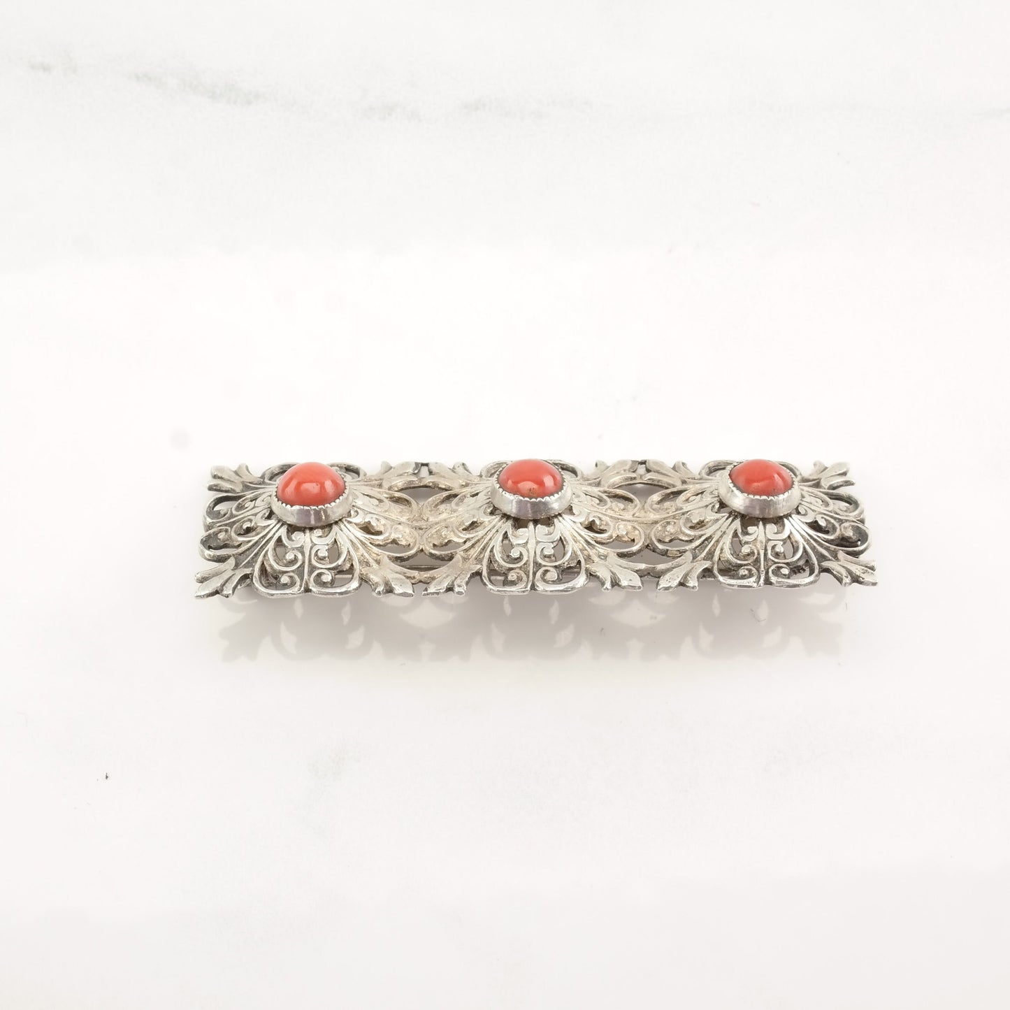 Italian Sterling Silver Brooch Filigree Coral