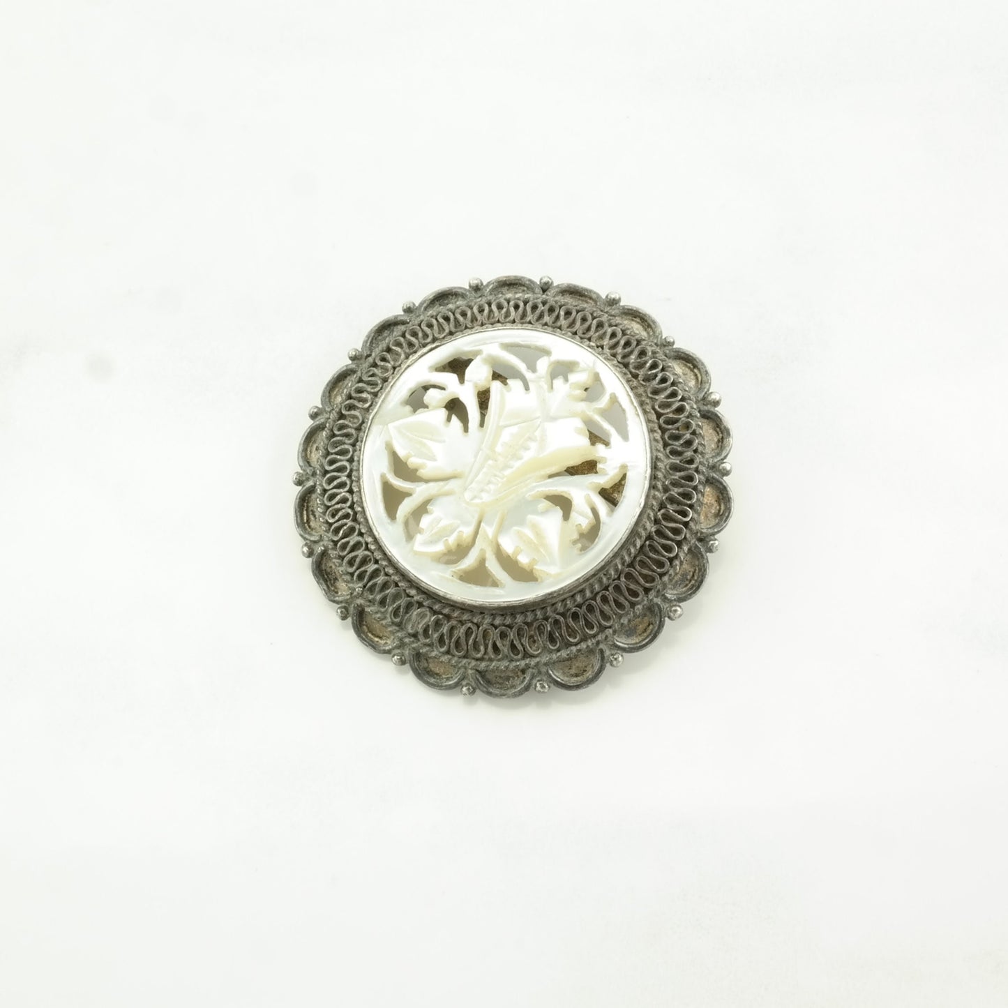 Vintage MOP Carved, Flower Sterling Silver Pendant