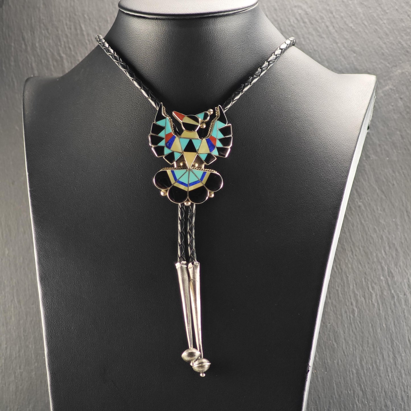 Vintage Native American Sterling Silver, Inlay Thunderbird Bolo Tie Necklace N2744