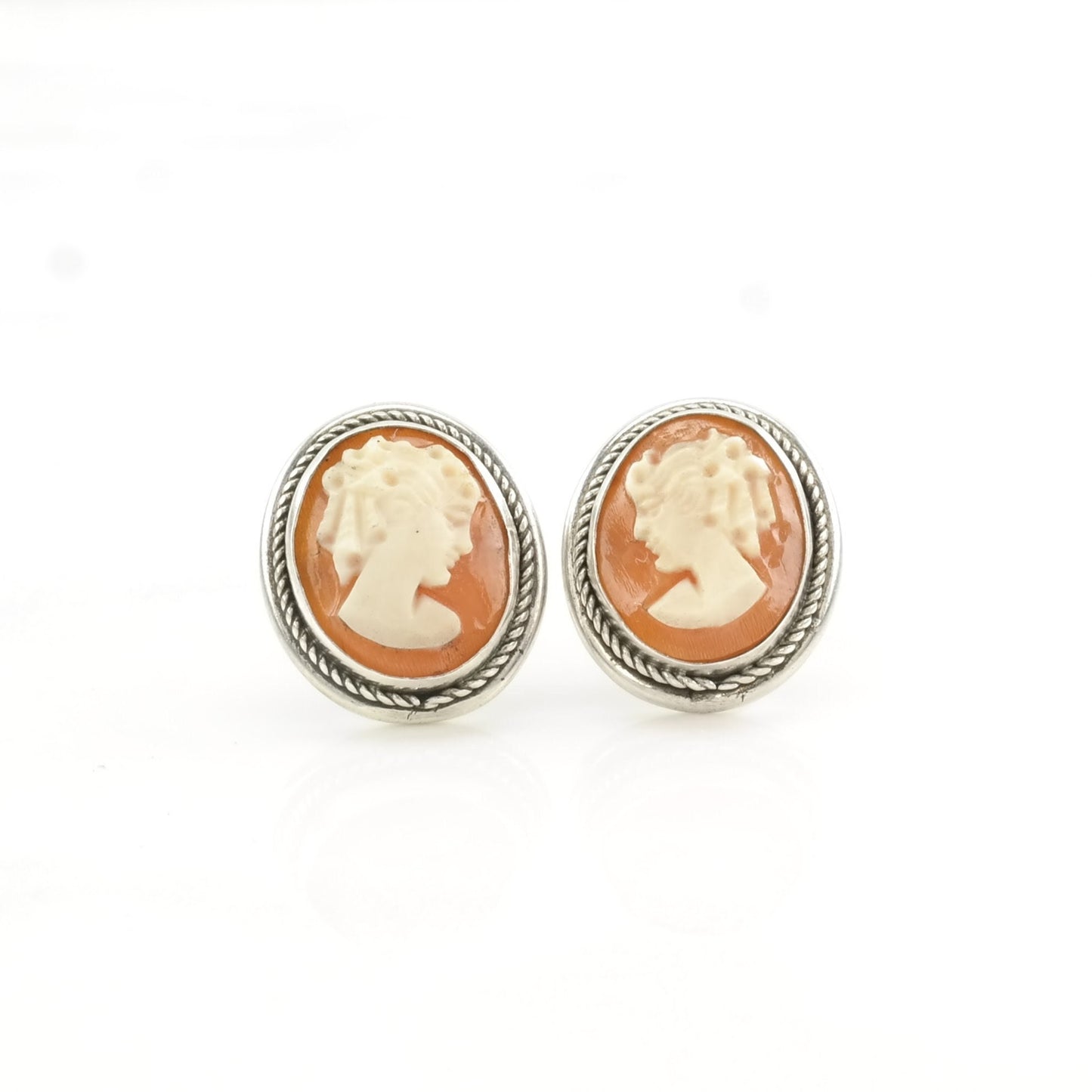 Vintage Sterling Silver Orange Cameo Portrait Earrings Stud