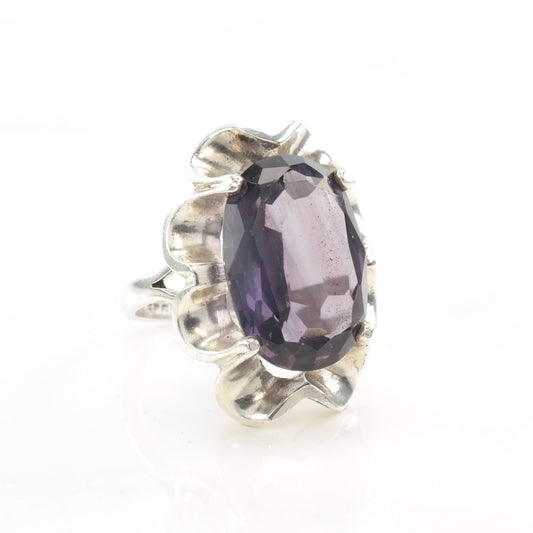 Taxco Silver Ring Lab Amethyst Flower Size 8