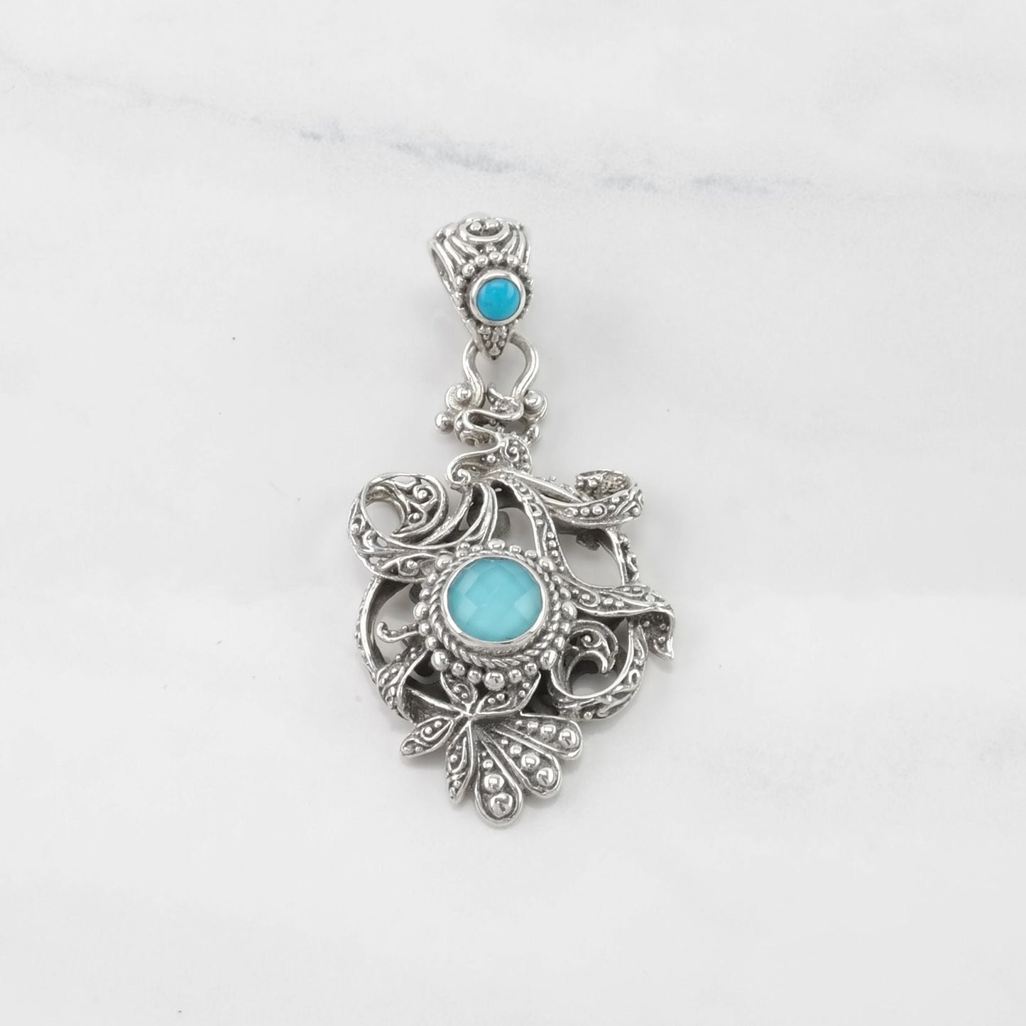 Vintage Sarda Turquoise, Chalcedony Doublet Scroll Sterling Silver Pendant