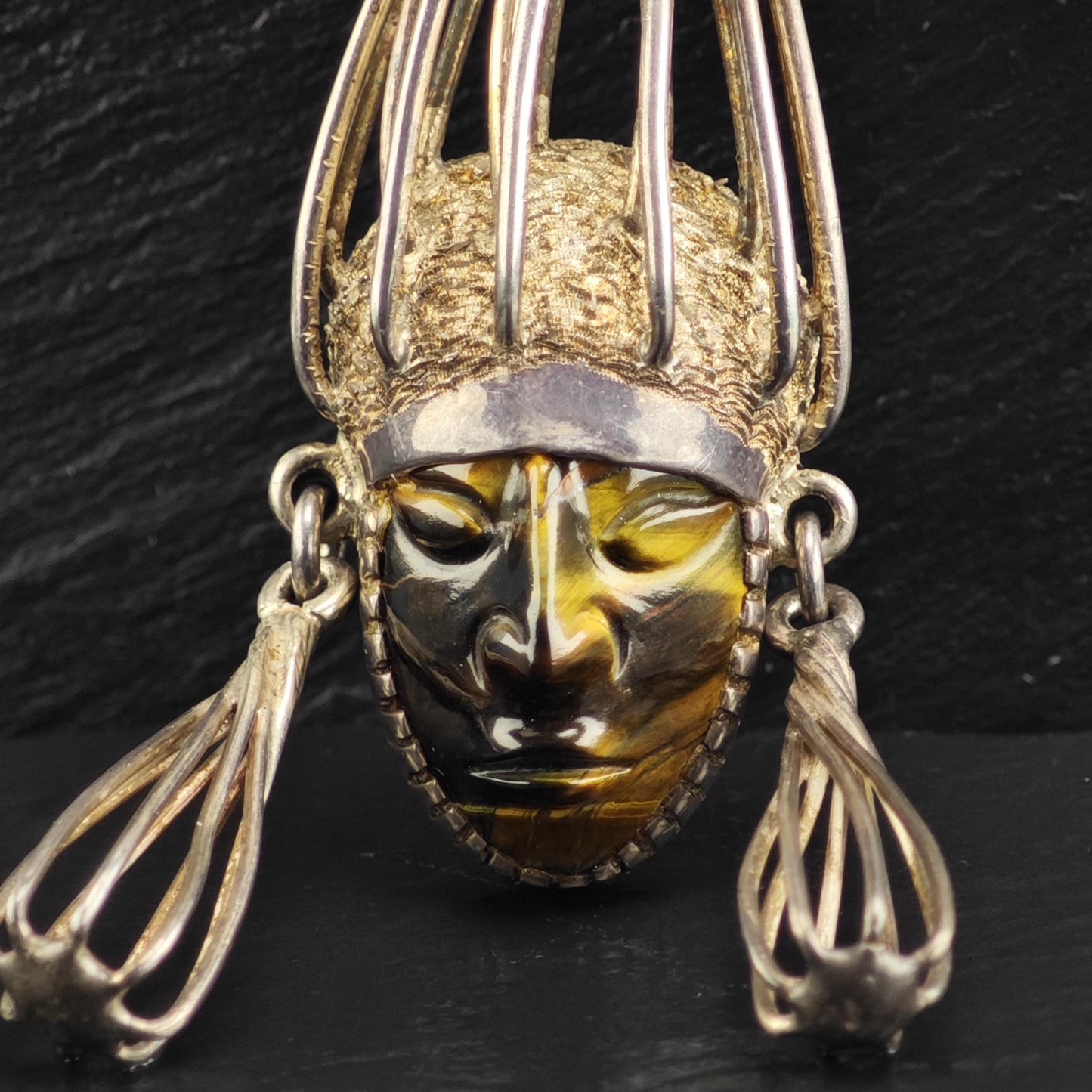 Taxco carved Tiger's Eye Aztec Warrior Pendant, Sterling Silver
