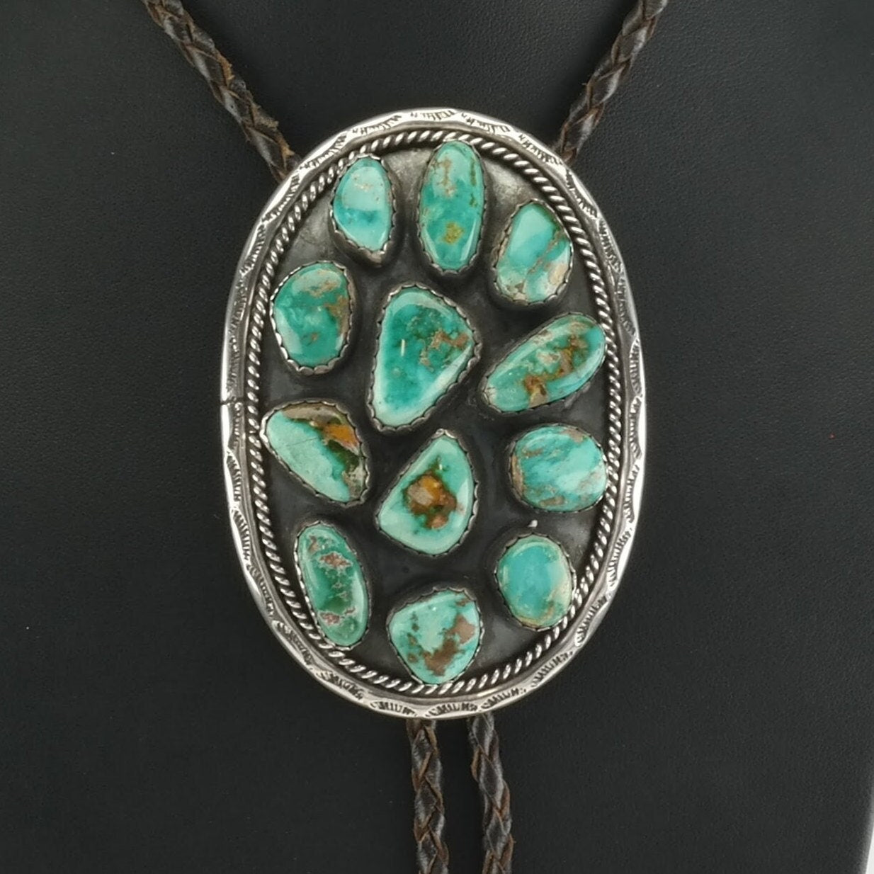 Green Turquoise Bolo Tie Sterling Silver Cluster Necklace