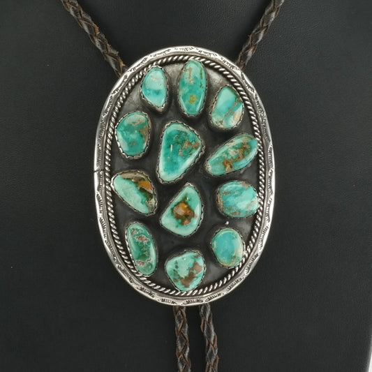 Vintage Green Turquoise Bolo Tie Sterling Silver Cluster Necklace