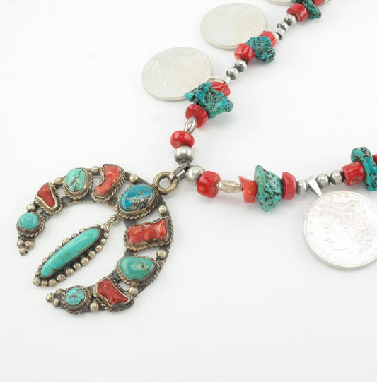 Iron Wolf Thompson Sterling Silver Turquoise, Coral, Morgan Dollars Squash Blossom Necklace