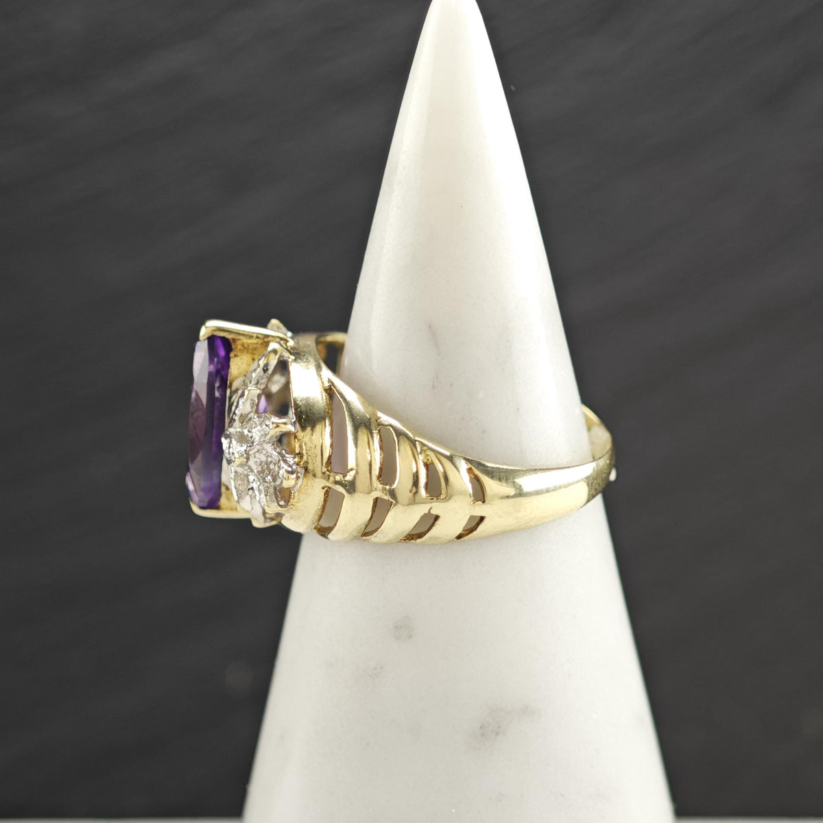 Marquis Amethyst & Diamond 10K Gold Ring Sz 7 1/2 R6771