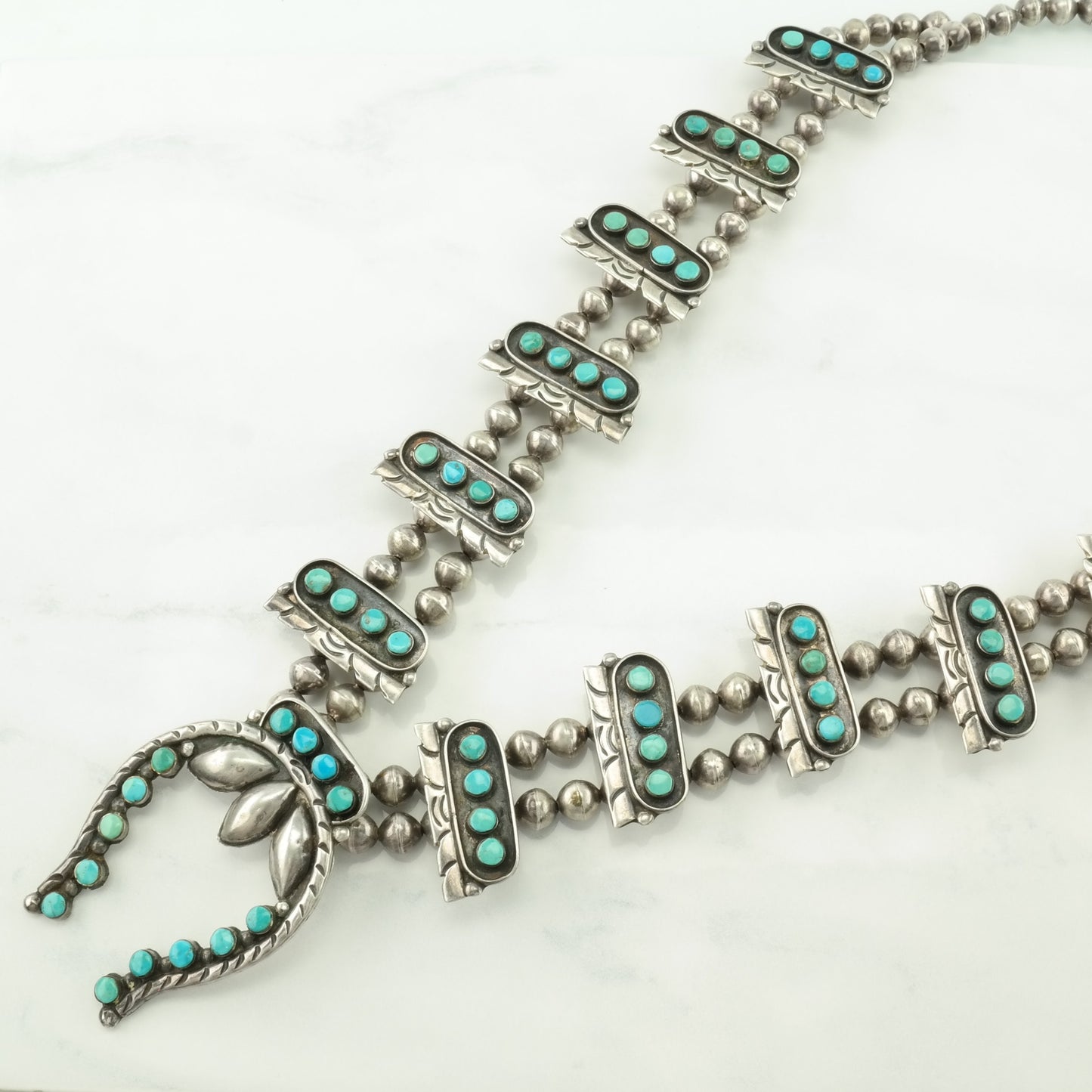 Native American Sterling Silver Blue Turquoise Cluster Squash Blossom Necklace