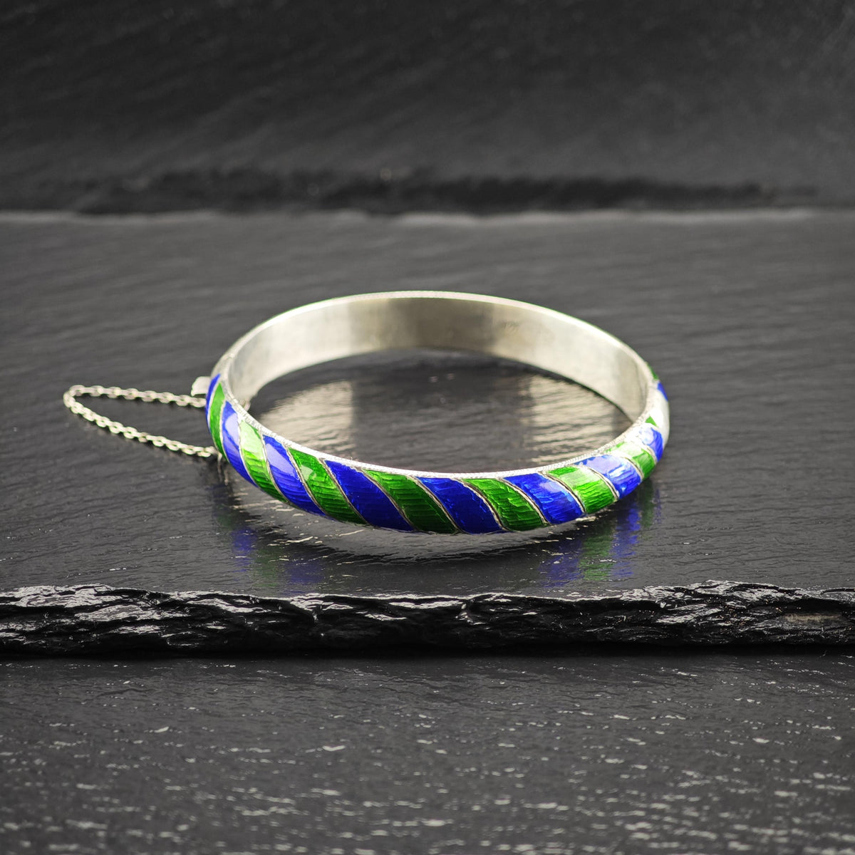 Blue, Green Striped Enamel Sterling Silver Bangle Bracelet Sz 7 1/4" BR3189