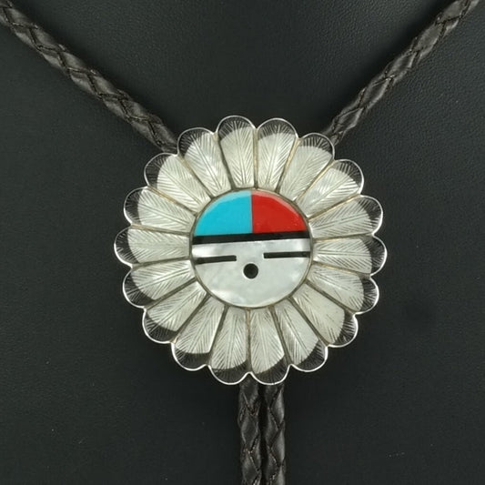 Vintage Bolo Tie Native American Sterling Silver Feather, Sun Inlay Necklace