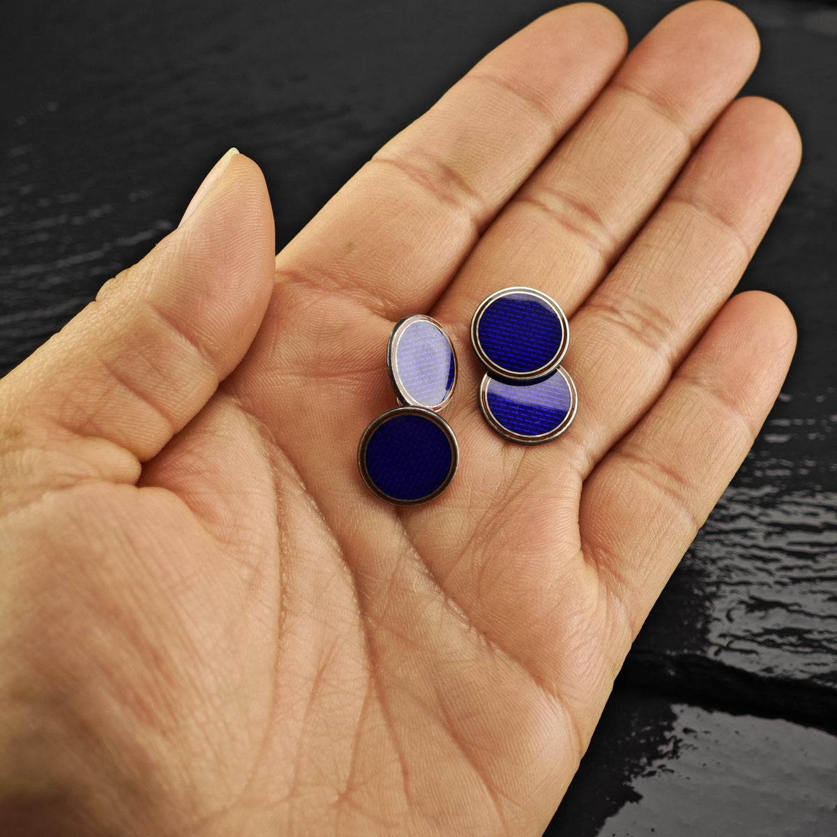 1986 Deakin Francis Guilloche Blue Enamel Sterling Silver Cufflinks MISC0435