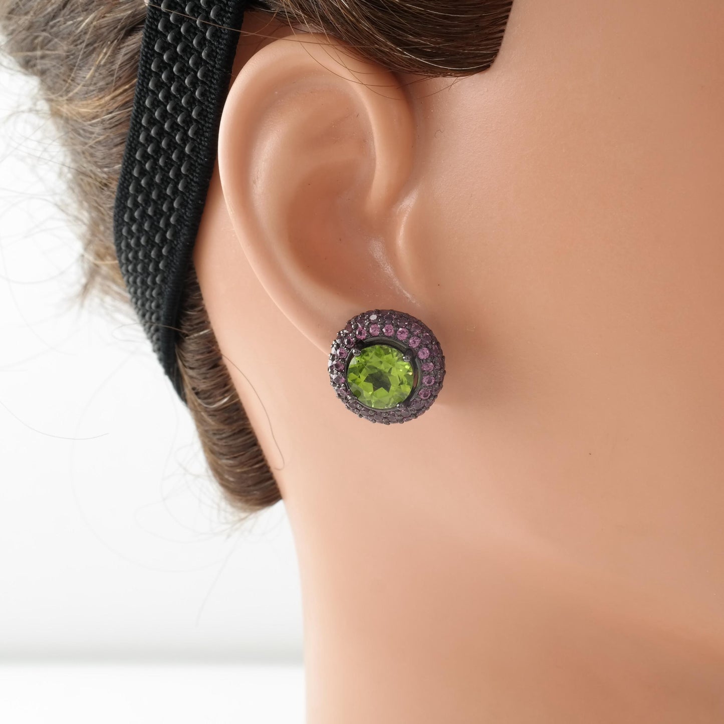 Vintage Oxidized Sterling Silver Stud Earrings Natural Peridot Garnet