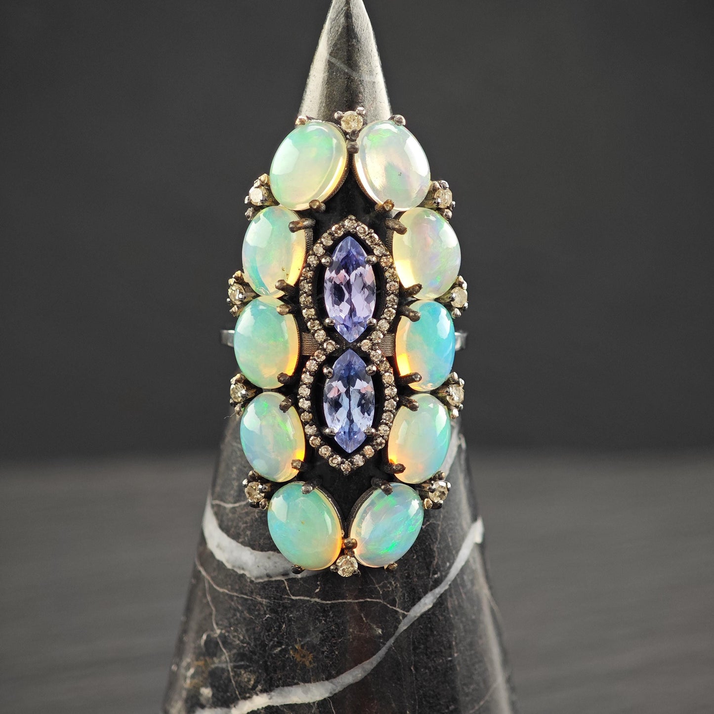 Oxidized Sterling Silver Ring with Diamond Tanzanite Opal