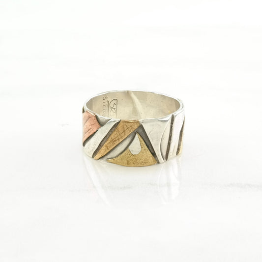 Sterling Silver Ring Abstract Brass, Copper Accents Size 8