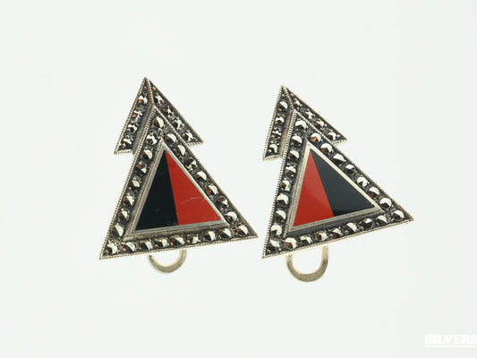 Geometric Sterling Silver Red Black Enamel, Marcasite Earrings