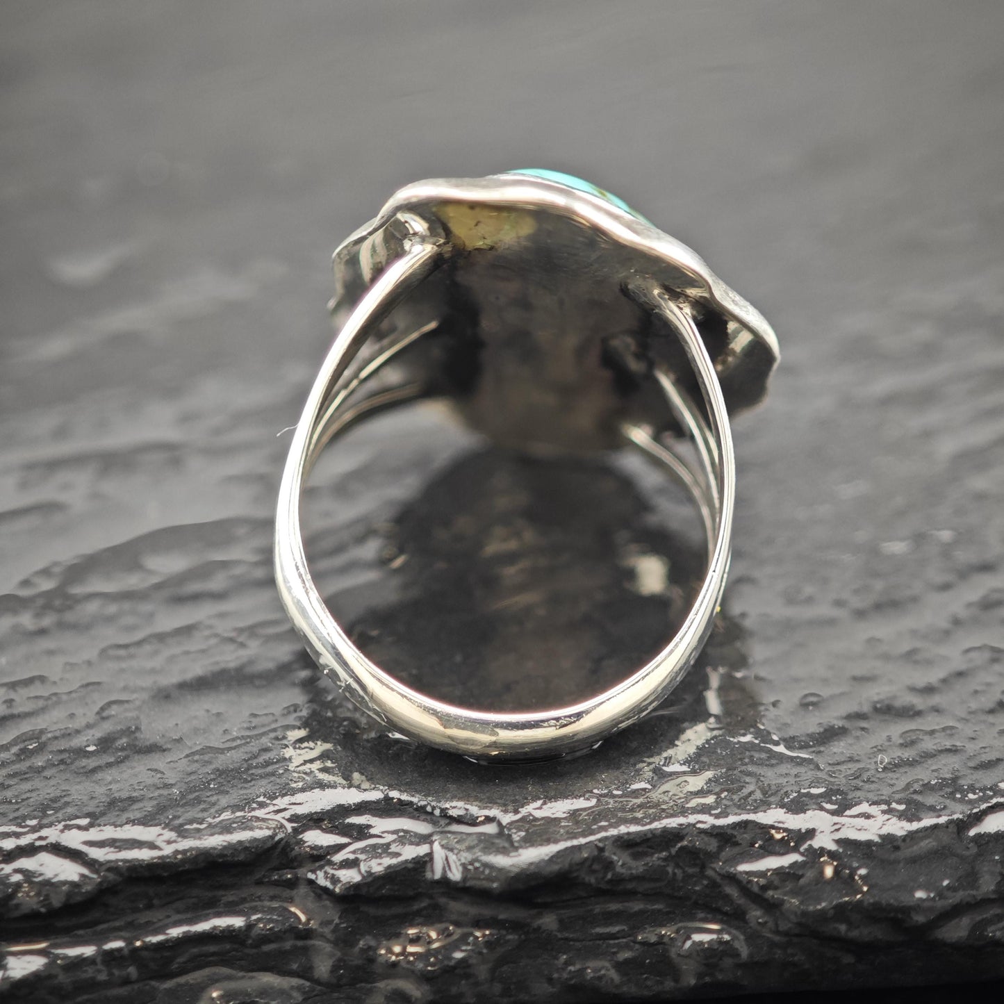 Native American Spiderweb Turquoise Shadowbox Ring Sterling Silver Size 5 3/4