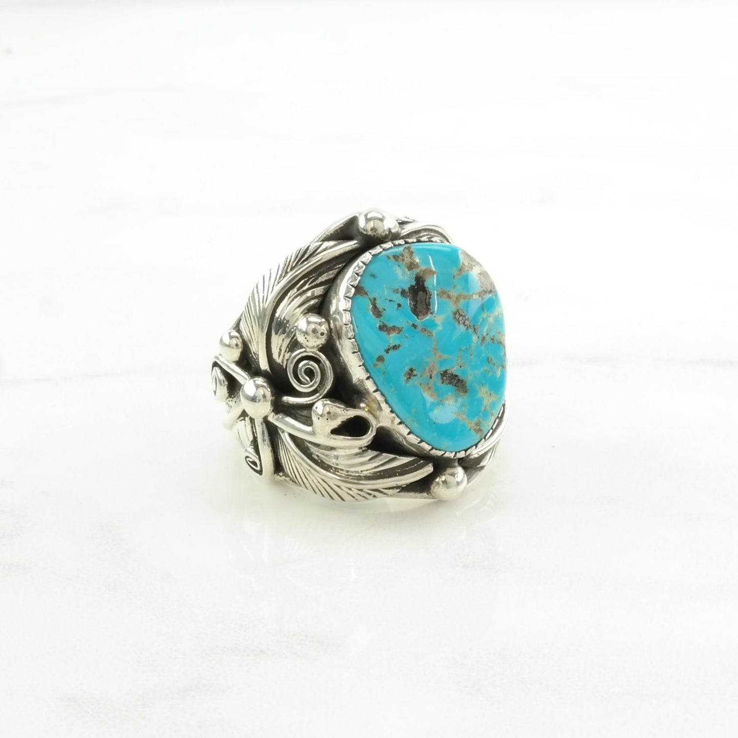 Native American Silver Ring Kingman Turquoise Leaf Sterling Blue Size 8