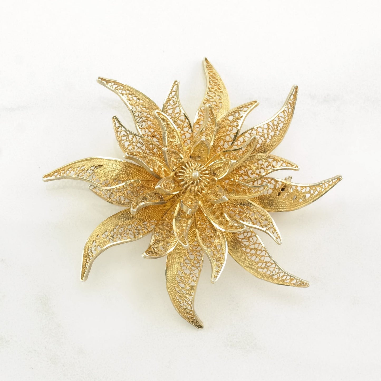 Silver Brooch Gold Tone Flower, Filigree Sterling