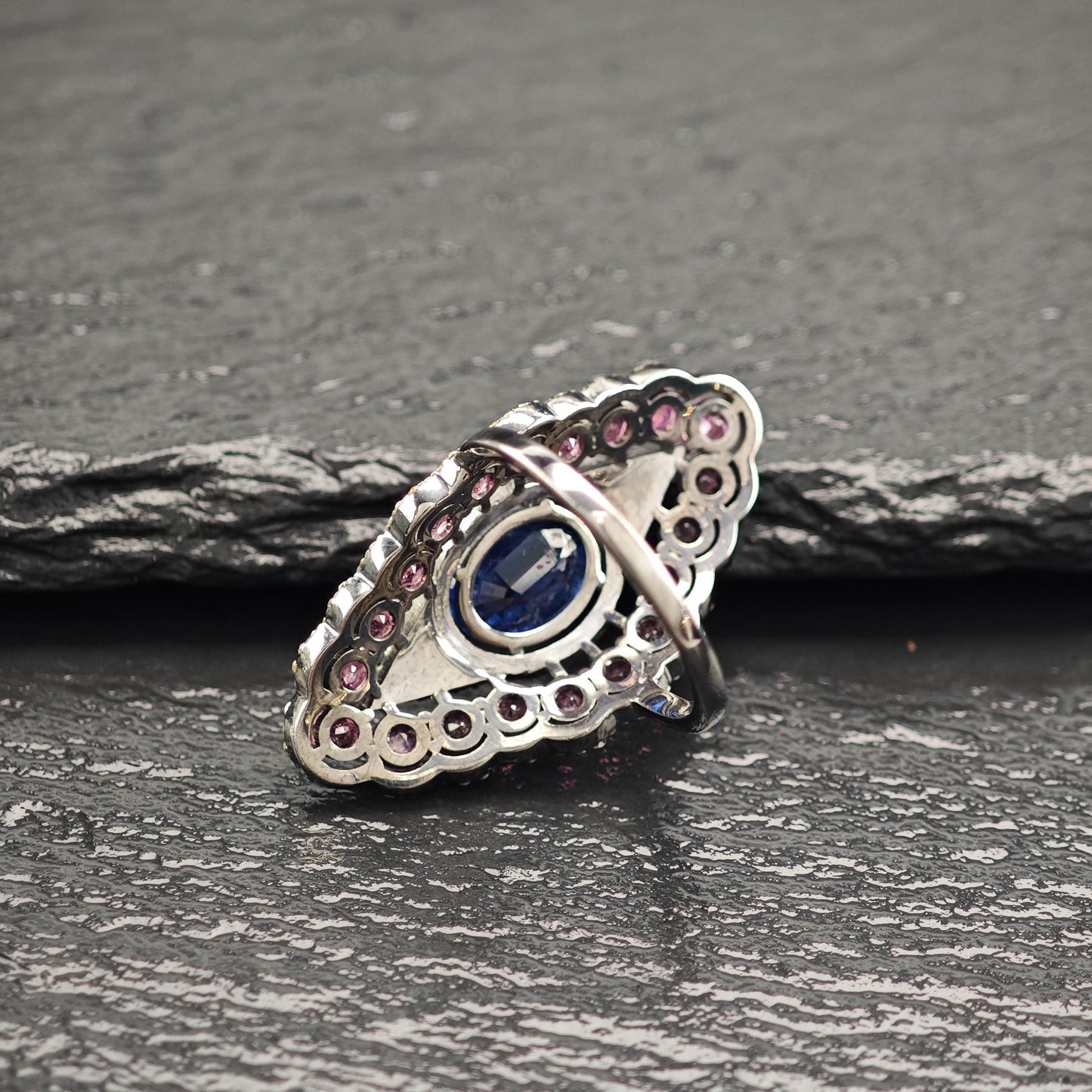 Oxidized Diamond, Sapphire, Tourmaline Ring Sterling Silver R5800