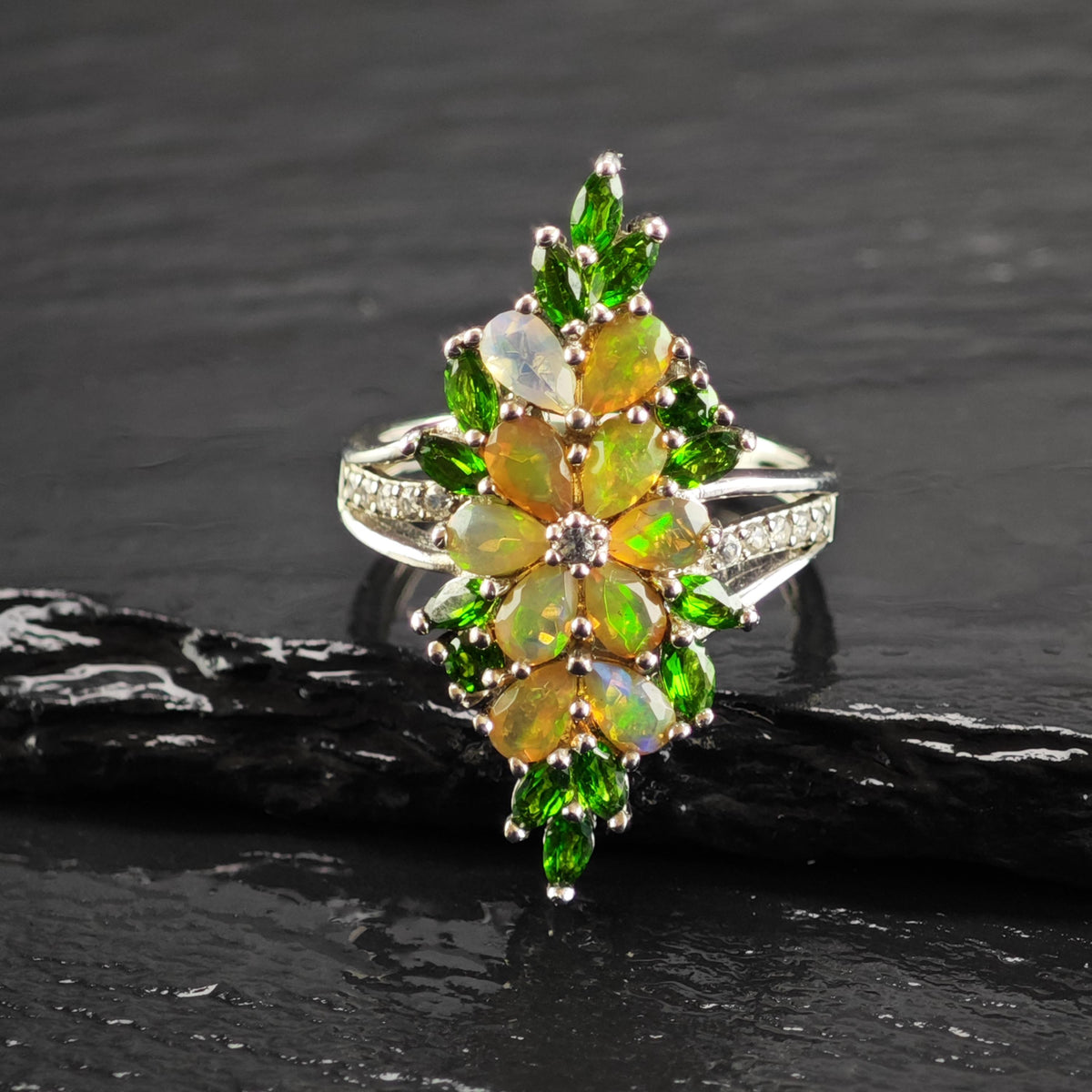 Opal Diopside Floral Cluster Sterling Silver Ring Sz 9 R6876