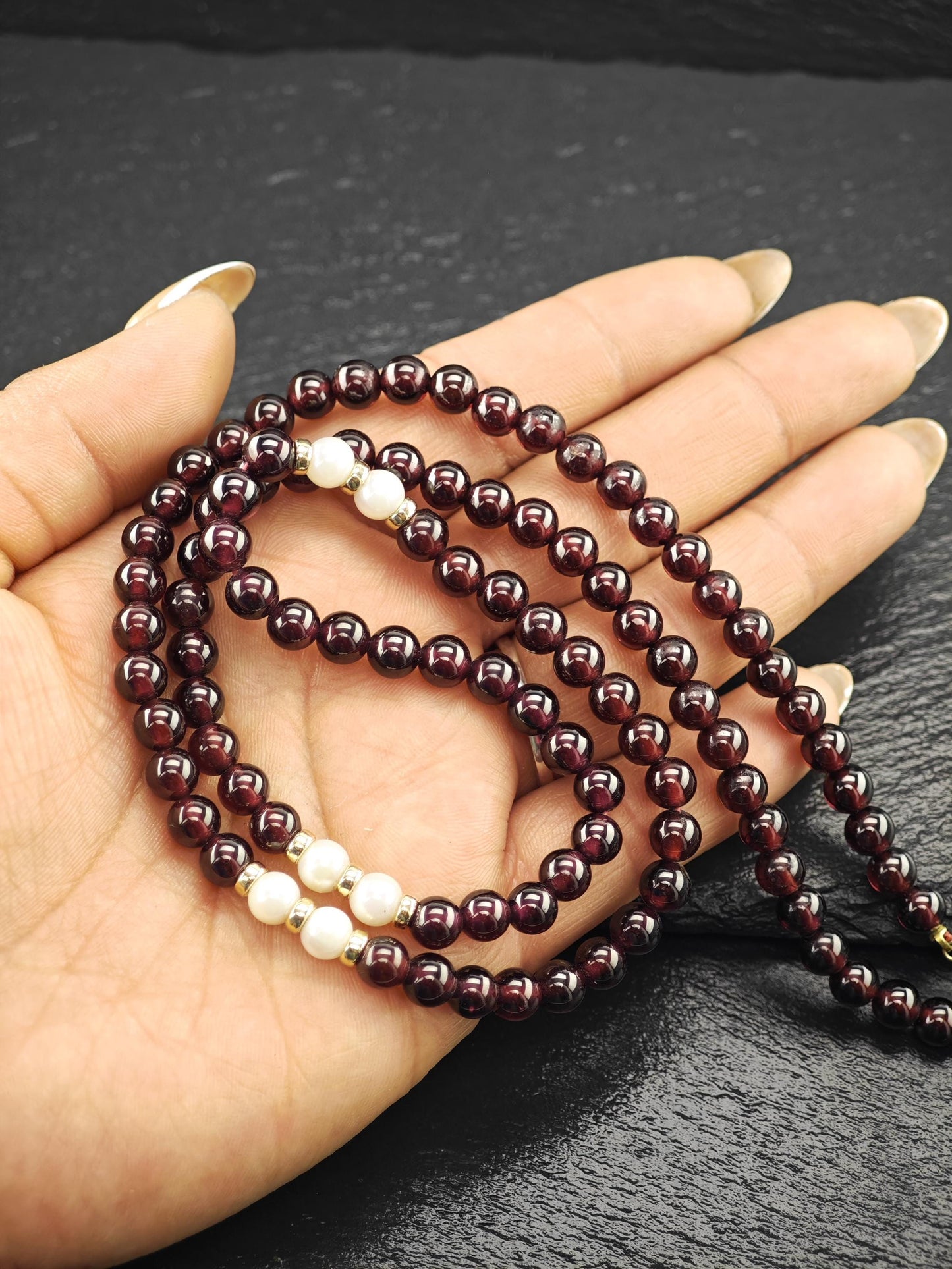 Multi-color Garnet, Pearl 14k Gold Clasp, Beaded Necklace Sterling Silver N2471